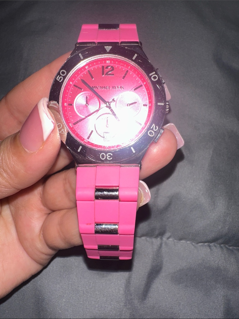 Michael Kors Pink Silicone Link Chronograph Watch with Silver Accents - Picture 2 of 4